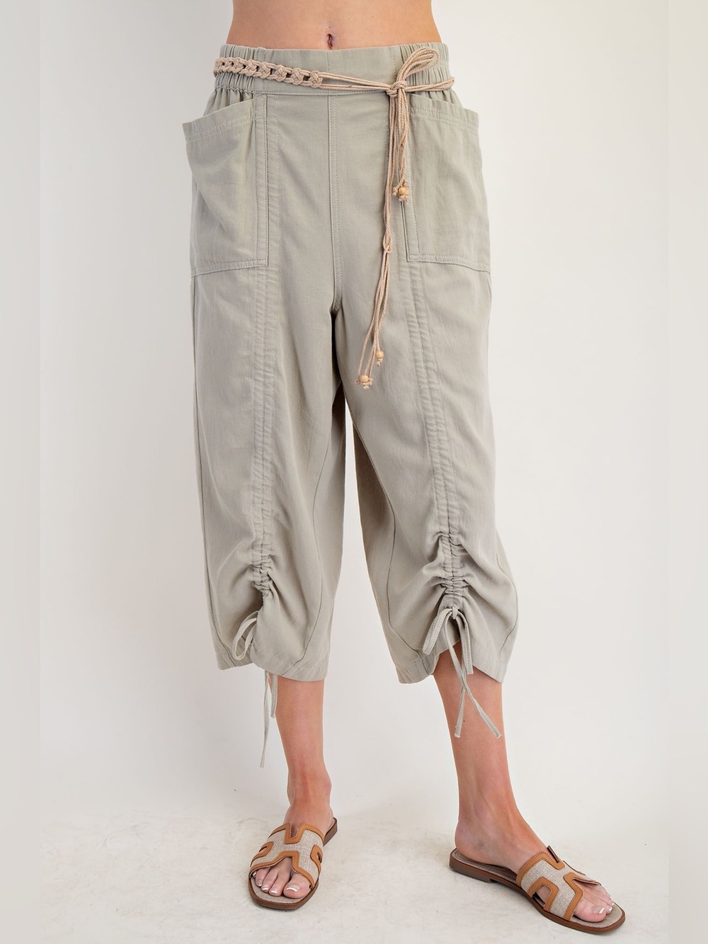 #285 New! Easel Drawstring Crop Utility Pants in Soft Sage